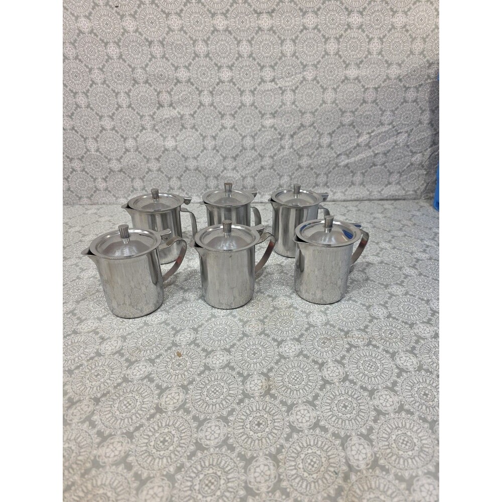Vintage Stainless Steel‎ Syrup Creamer Containers Hinged Lid Lot Of 6 Handled